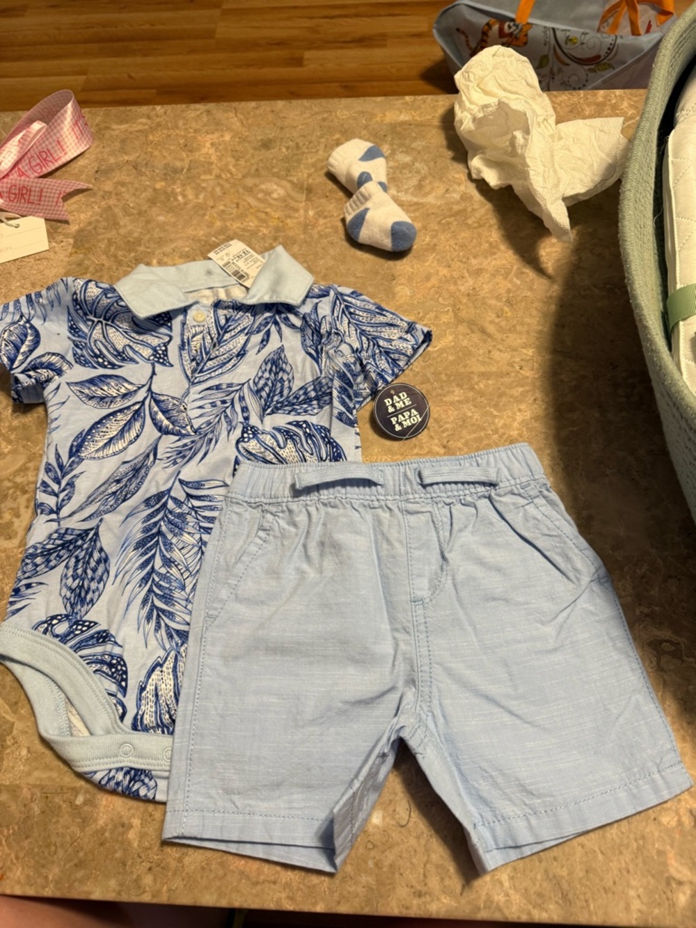 The Children's Place Light Blue Leaf Polo Bodysuit & Shorts Set